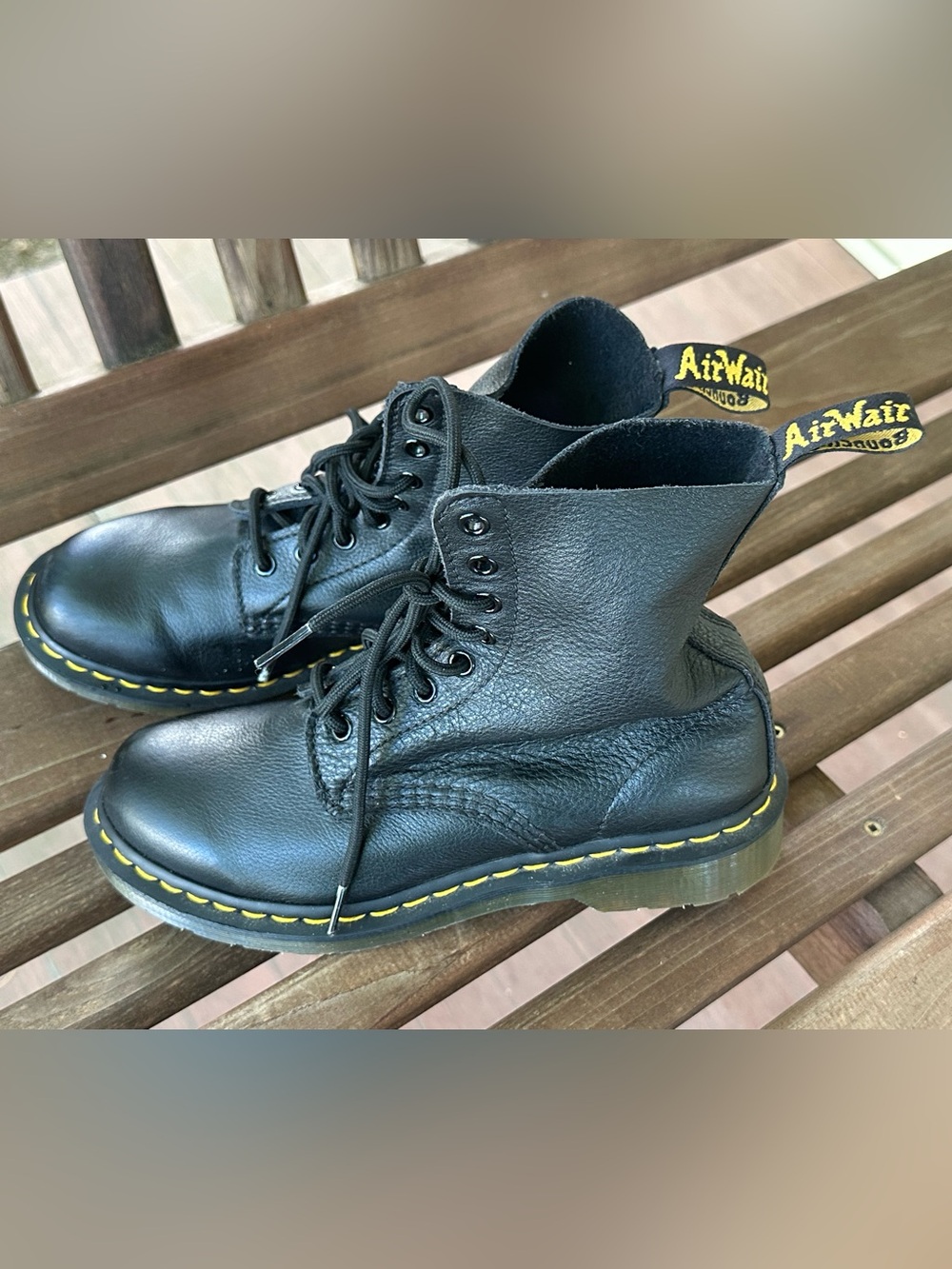 Dr. Martens Black Leather 8-Eye Lace-Up Boots with Yellow Stitching
